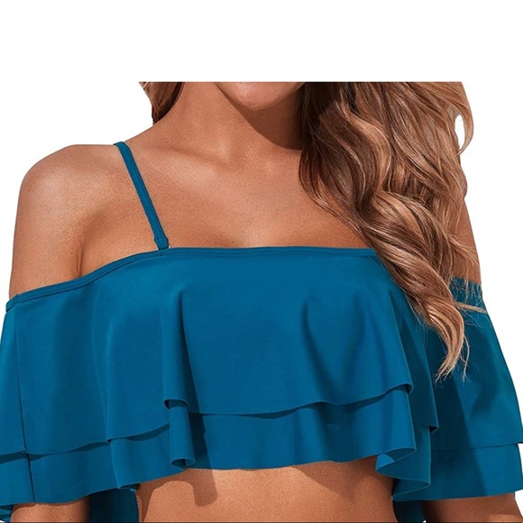 NWT TEMPT ME Teal Turquoise Ruffle Flounce Off Shoulder Swim Bikini Top Size XXL - Picture 5 of 11